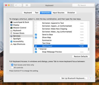 shortcut for word count keyboard mac